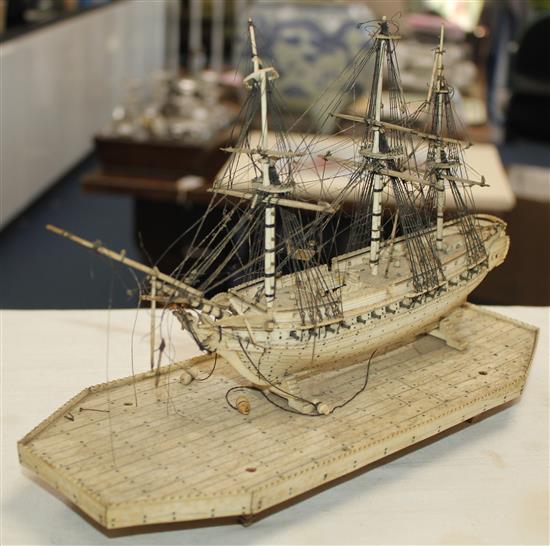 A Napoleonic prisoner-of-war bone model of a French/English frigate